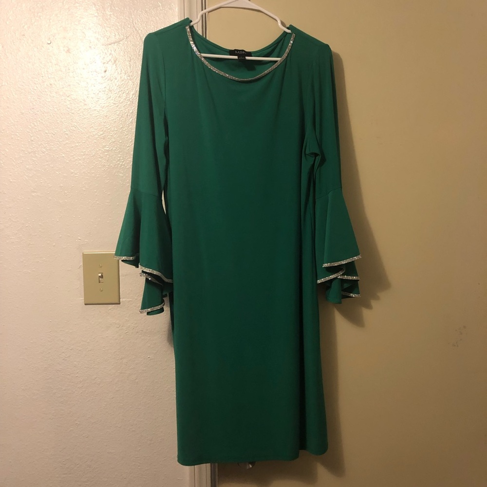 MSK Rhinestone trim bell sleeve dress in green